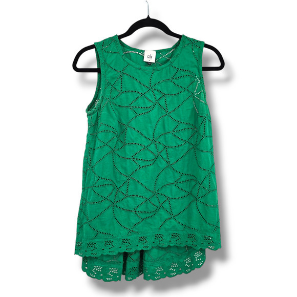 CAbi Women's Gemma Eyelet High Low Ruffle Tank Top Blouse Green Size XS - Picture 1 of 9